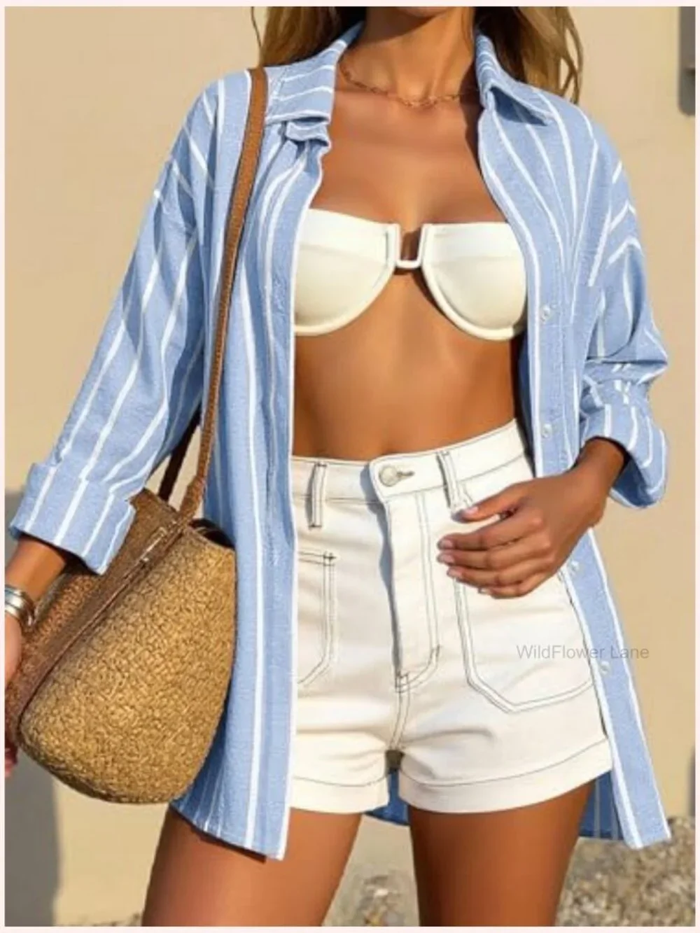Oversized Linen Button Down Shirt Long Sleeve Collared Blouse with Pocket Beach - Picture 3 of 7